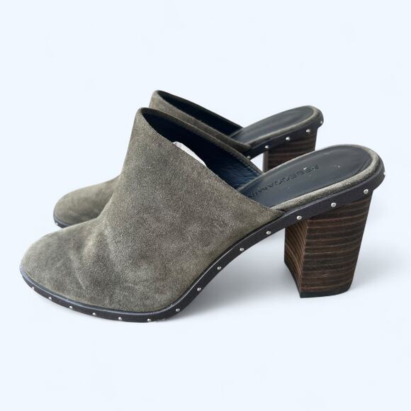 Rebecca Minkoff Green Suede Block Heel Studded Mule Shoe Women's size 6.5 M Fall - Picture 1 of 12